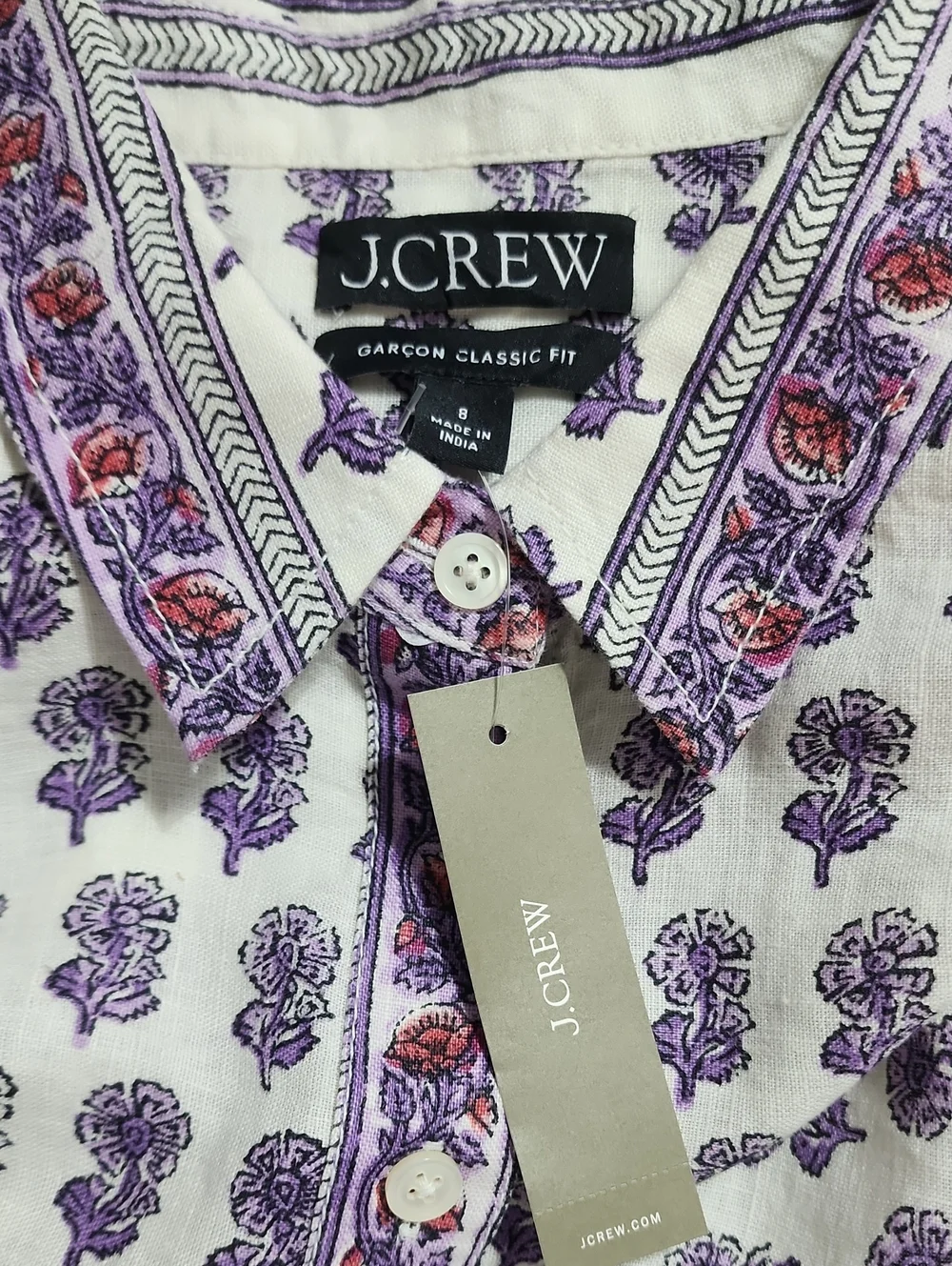 J.Crew Garcon Linen Shirt Lilac Block Print Boho Indian Floral NWT Size 8